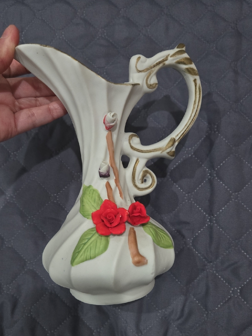 White Ceramic Floral Pitcher with Red Rose Accents
